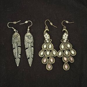 Owl feather and peacock diamond and pink earrings